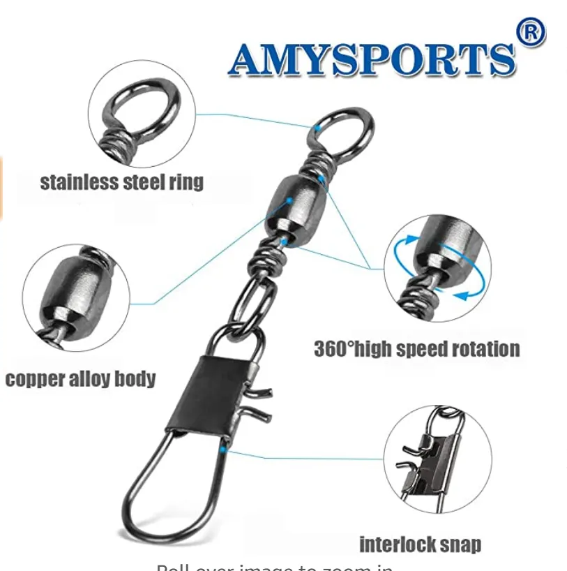 AMYSPORTS 50pcs/Pack Fishing Ball Bearing Swivels with Interlock Snap (Black)