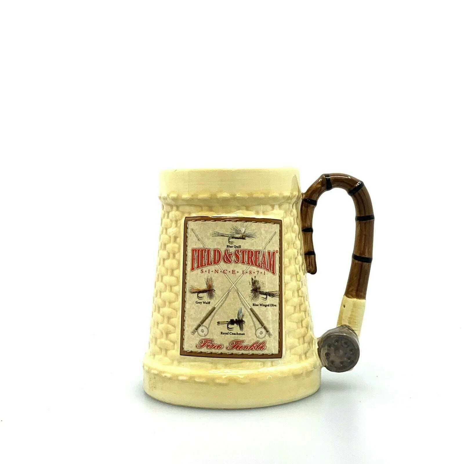 Field & Stream Fly Fishing Rod & Yellow Woven Tackle Box Drink Stein Tankard