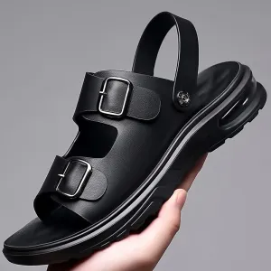 Hnzxzm Summer Men's Genuine Leather Sandals Fashion Casual Non slip Large Hollow Breathable Sandals Men's Beach Shoes Hole Shoes