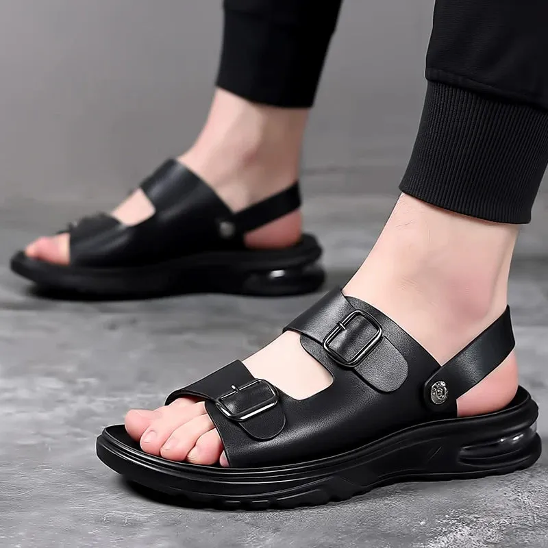 Hnzxzm Summer Men's Genuine Leather Sandals Fashion Casual Non slip Large Hollow Breathable Sandals Men's Beach Shoes Hole Shoes