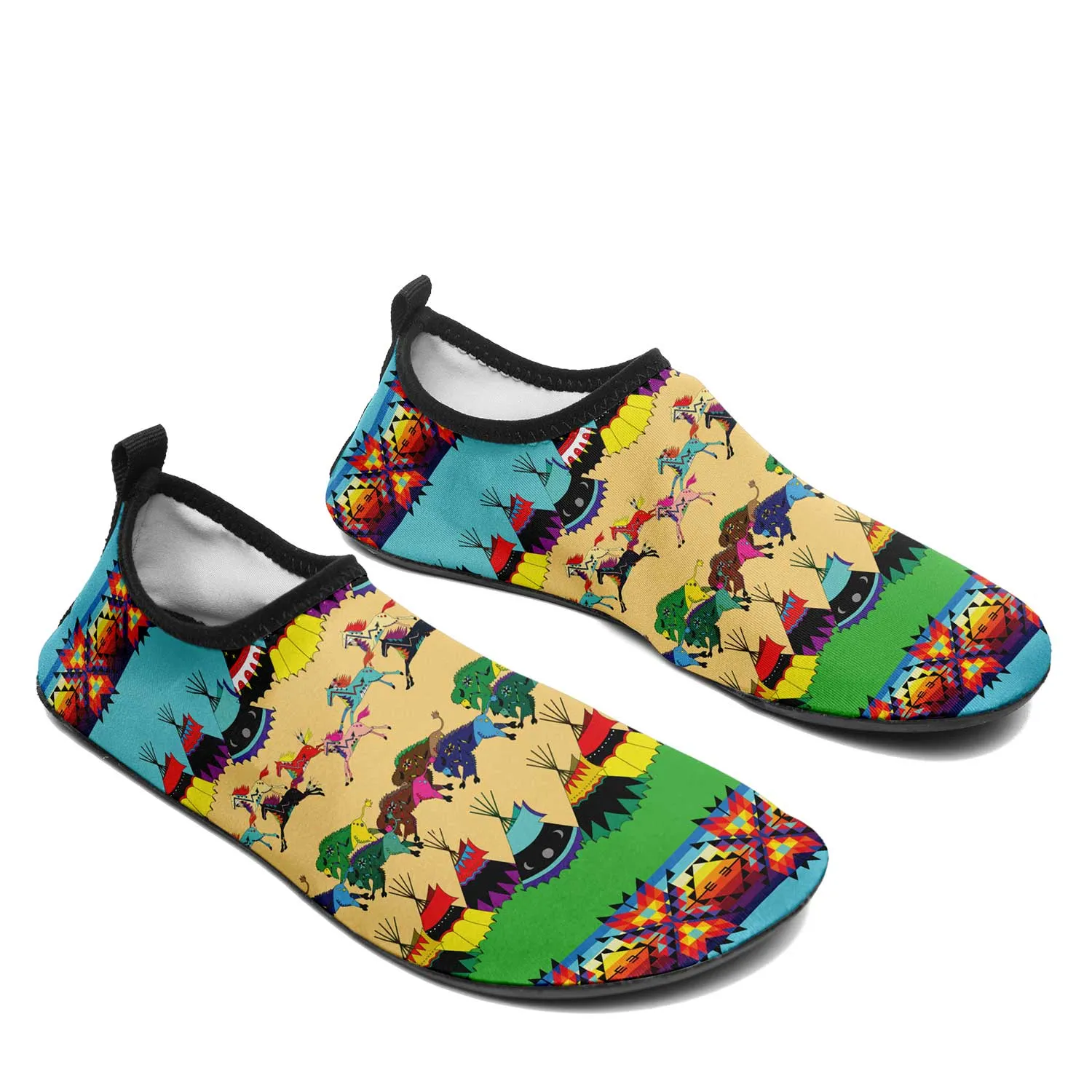 Horses and Buffalo Ledger Torquoise Kid's Sockamoccs Slip On Shoes