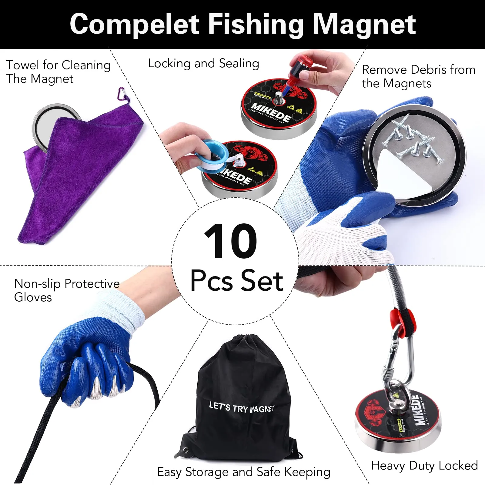 MIKEDE Fishing Magnets, 1080 LBS Pulling Force Strong Magnets Fishing Kit with Heavy Duty Rope Diameter 3.94inch(100mm), Big Neodymium Rare Earth Magnet for Retrieving in River and Magnetic Fishing