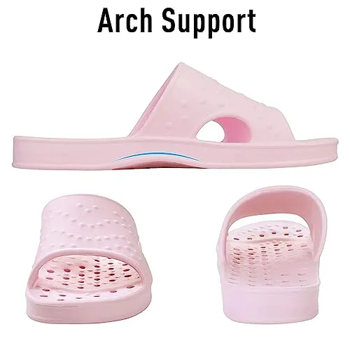 shevalues Shower Shoes for Women with Arch Support Quick Drying Pool Slides Lightweight Beach Sandals with Drain Holes, Pink-Update Version 8-9 Women / 6.5-7.5 Men