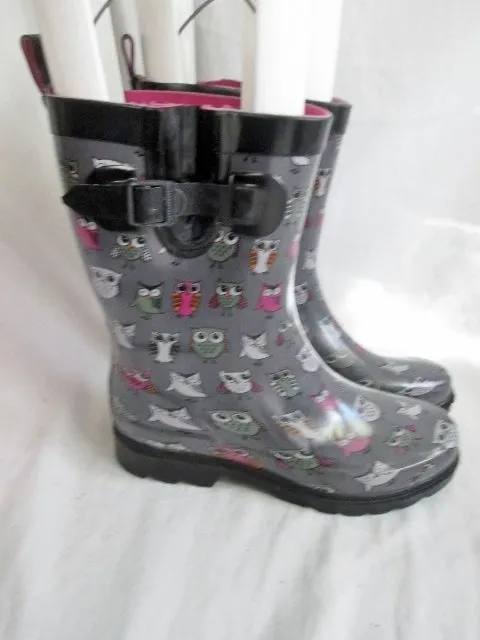 Womens CAPELLI OWL BIRD ANIMAL Wellies Rain Boots Foul Weather 9 Gumboots Vegan